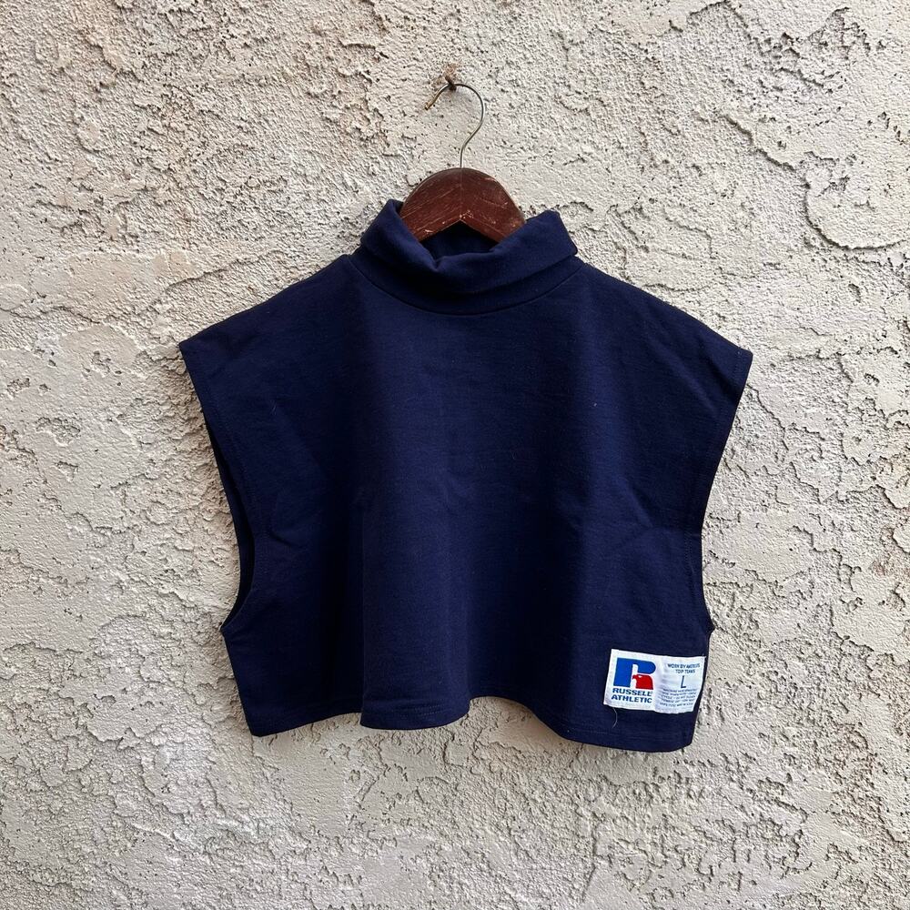 Vintage Russell Athletic Mock Neck Cropped Sleeveless Top Navy Blue L